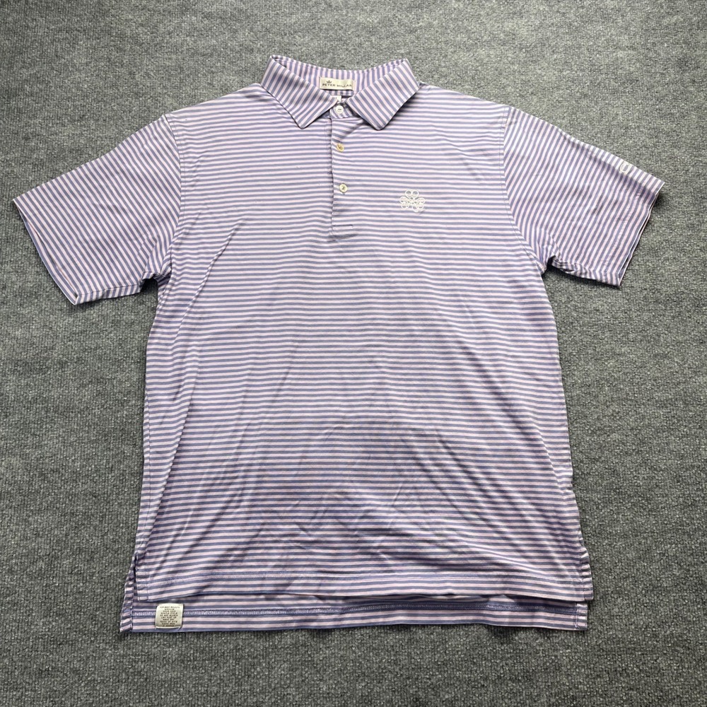 Peter Millar Mens M Purple Striped Erin Hills Golf Polo Shirt Cotton S/S